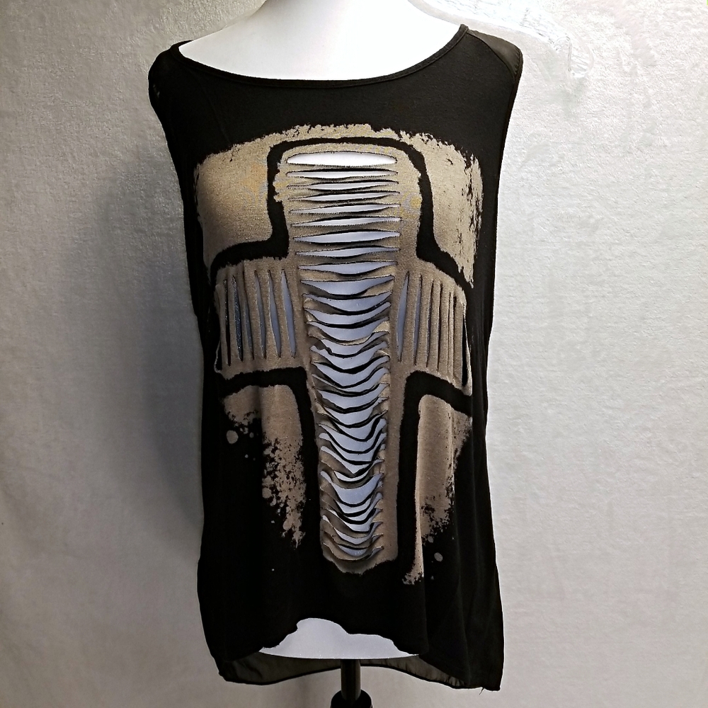 Double Zero: Black & beige funky cross tank top.